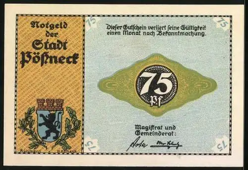 Notgeld Pössneck, 75 Pfennig, Wappen, Flanellfabrik mit Arbeitern