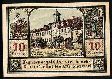 Notgeld Plaue /Thür. 1921, 10 Pfennig, Wappen, Ritterfiguren, Arbeiter, Wirt, Rathaus