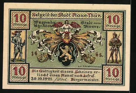 Notgeld Plaue /Thür. 1921, 10 Pfennig, Wappen, Ritterfiguren, Arbeiter, Wirt, Rathaus