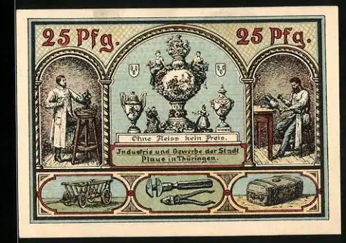 Notgeld Plaue /Thür. 1921, 25 Pfennig, Wappen, Ritterfiguren, Industrie und Gewerbe