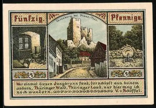 Notgeld Plaue /Thür. 1921, 50 Pfennig, Wappen, Ritterfiguren, Ehrenburg, Karlmarienquelle