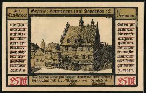 Notgeld Pössneck 1921, 25 Pfennig, Goethe: Hermann und Dorothea, Liebespaar mit Pferd und Kuh..., Rathaus