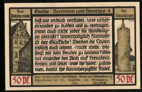 Notgeld Pössneck 1921, 50 Pfennig, Goethe: Hermann und Dorothea, Hat uns..., Haus und Turm