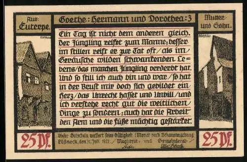Notgeld Pössneck 1921, 25 Pfennig, Goethe: Hermann und Dorothea, Ortsansicht mit Mutter und Sohn, Häuser