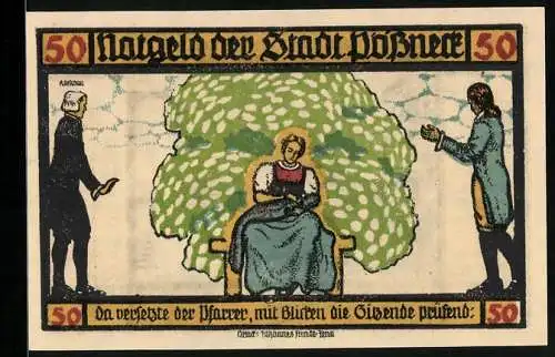 Notgeld Pössneck 1921, 50 Pfennig, Goethe: Hermann und Dorothea, Szene mit dem Pfarrer, Ortspartie