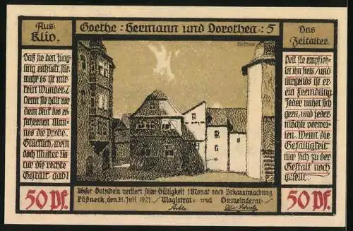 Notgeld Pössneck 1921, 50 Pfennig, Goethe: Hermann und Dorothea, Szene mit dem Pfarrer, Ortspartie