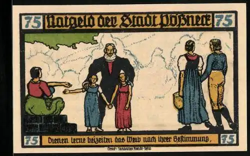 Notgeld Pössneck 1921, 75 Pfennig, Goethe: Hermann und Dorothea, Pfarrer mit Kindern, Figuren