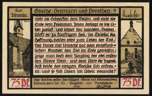 Notgeld Pössneck 1921, 75 Pfennig, Goethe: Hermann und Dorothea, Lächelnd sagte der Pfarrer.., Turm und Haus