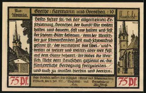 Notgeld Pössneck 1921, 75 Pfennig, Goethe: Hermann und Dorothea, Aber der Bräutigam..., Kirchenpartien