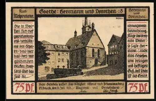 Notgeld Pössneck 1921, 75 Pfennig, Goethe: Hermann und Dorothea, Also gingen die zwei entgegen..., Marktplatz mit Kirche