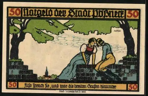 Notgeld Pössneck 1921, 50 Pfennig, Goethe: Hermann und Dorothea, Paar auf einer Mauer, Ortspartie mit Kirche