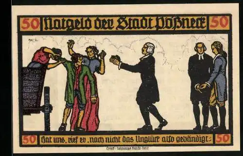 Notgeld Pössneck 1921, 50 Pfennig, Goethe: Hermann und Dorothea, Szenenbild, Turm und Haus