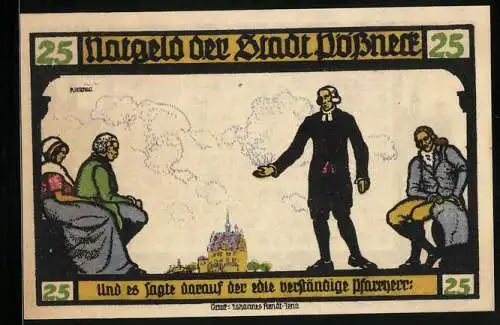 Notgeld Pössneck 1921, 25 Pfennig, Goethe: Hermann und Dorothea, Szenenbild mit Pfarrer u. Kirche, Giebelhäuser