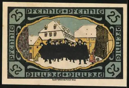 Notgeld Pössneck, 25 Pfennig, Wappen, Ortspartie mit Kurrende