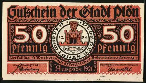 Notgeld Plön 1921, 50 Pfennig, Wappen, Wendenkrieg: Eindringen der Holsten im Jahr 1139