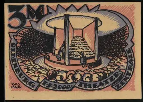 Notgeld Oldenburg 1922, 3 Mark, Oldenburger Woche, Oldenburg im Jahr 2000, Theater-Zentrale