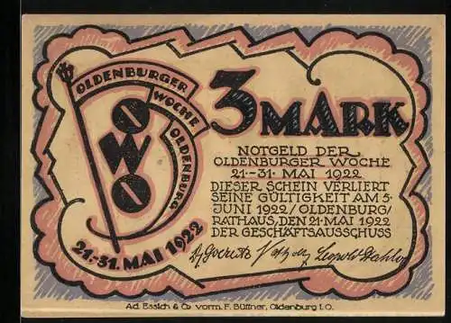 Notgeld Oldenburg 1922, 3 Mark, Oldenburger Woche, Oldenburg im Jahr 2000, Marktplatz