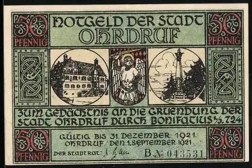 Notgeld Ohrdruf 1921, 50 Pfennig, Bonifatius schlägt das Lager an der Ohra auf