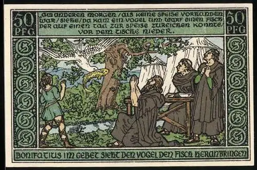 Notgeld Ohrdruf 1921, 50 Pfennig, Bonifatius im Gebet sieht den Vogel den Fisch heranbringen