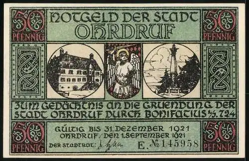 Notgeld Ohrdruf 1921, 50 Pfennig, Bau einer Kapelle an der Ohra durch Bonifatius