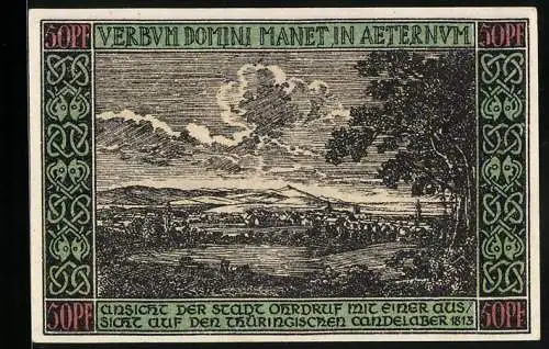 Notgeld Ohrdruf 1921, 50 Pfennig, Ansicht der Stadt mit dem Thüringischen Candelaber, 1813