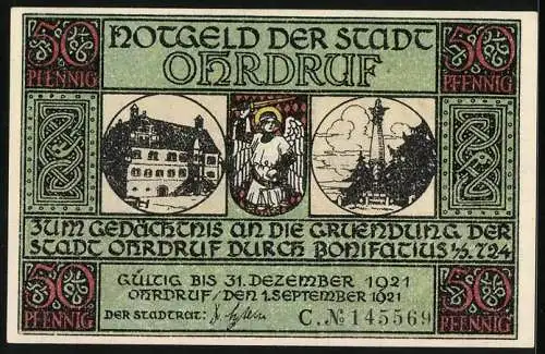 Notgeld Ohrdruf 1921, 50 Pfennig, St. Michael erscheint dem Bonifatius im Traume