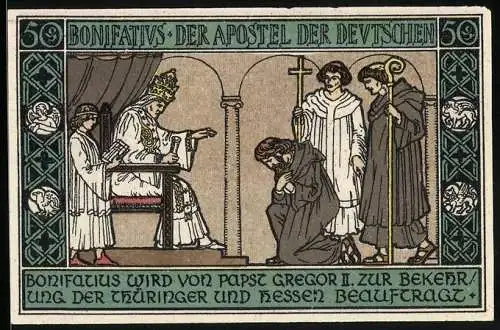Notgeld Ohrdruf 1921, 50 Pfennig, Bonifatius wird von Papst Gregor II. zur Bekehrung der Thüringer und Hessen beauftragt