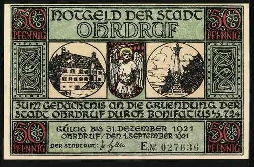 Notgeld Ohrdruf 1921, 50 Pfennig, Bau einer Kapelle durch Bonifatius