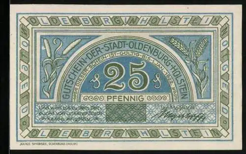 Notgeld Oldenburg i. Holst., 25 Pfennig, Stargard, Ortsansicht, Wappen