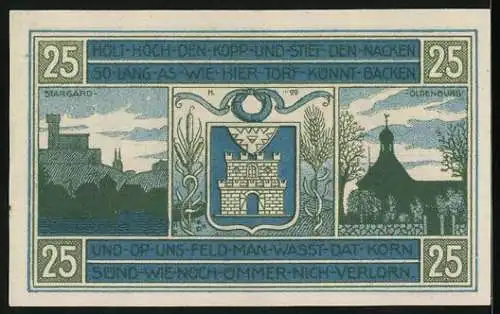 Notgeld Oldenburg i. Holst., 25 Pfennig, Stargard, Ortsansicht, Wappen