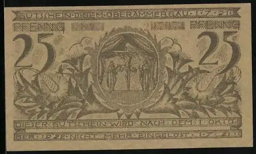 Notgeld Oberammergau 1921, 25 Pfennig, Ortsansicht mit der Kirche
