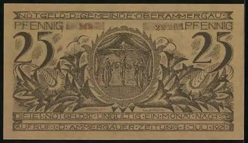 Notgeld Oberammergau 1921, 25 Pfennig, Ortsansicht mit zentraler Kirche