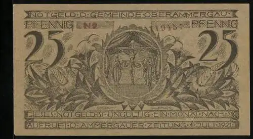 Notgeld Oberammergau 1921, 25 Pfennig, Passion, Ortsansicht mit Kirche