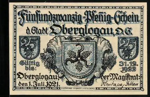 Notgeld Oberglogau 1921, 25 Pfennig, Ortsansicht mit der Kirche