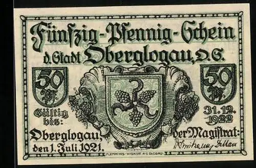 Notgeld Oberglogau 1921, 50 Pfennig, Mann im Netz einer Spinne
