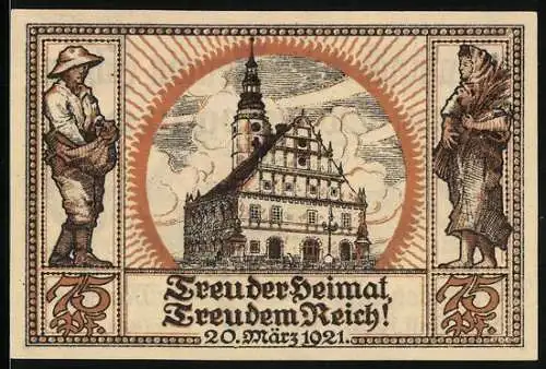 Notgeld Oberglogau 1921, 75 Pfennig, Blick aufs Rathaus