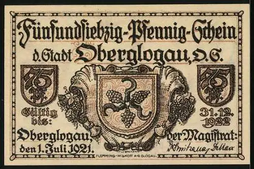 Notgeld Oberglogau 1921, 75 Pfennig, Blick aufs Rathaus