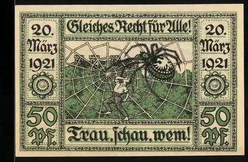 Notgeld Oberglogau 1921, 50 Pfennig, Eine Spinne hat einen Mann im Netz