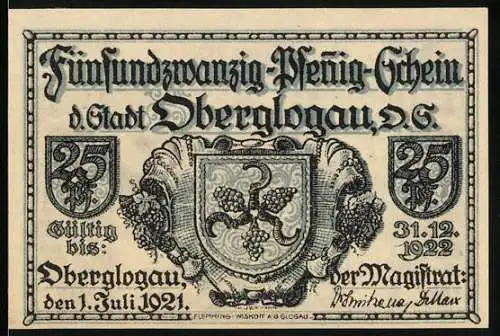 Notgeld Oberglogau 1921, 25 Pfennig, Ortsansicht mit der Kirche