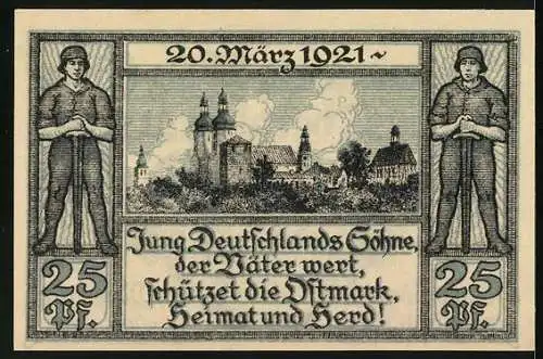 Notgeld Oberglogau 1921, 25 Pfennig, Ortsansicht mit der Kirche