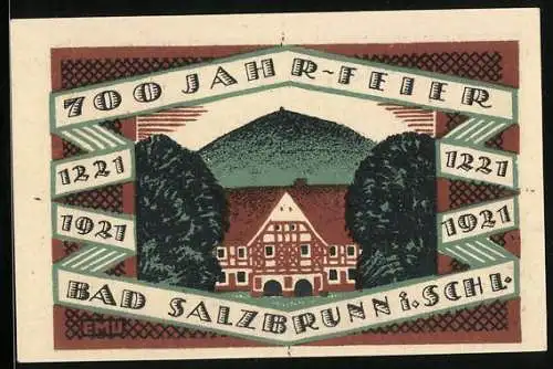Notgeld Bad Salzbrunn i. Schl. 1921, 50 Pfennig, Altes Fachwerkhaus