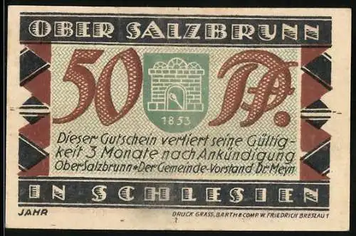 Notgeld Bad Salzbrunn i. Schl. 1921, 50 Pfennig, Blick auf altes Fachwerkhaus