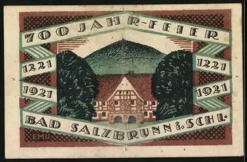 Notgeld Bad Salzbrunn i. Schl. 1921, 50 Pfennig, Blick auf altes Fachwerkhaus