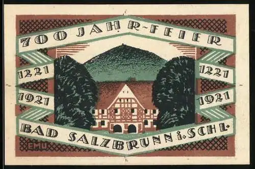 Notgeld Bad Salzbrunn i. Schl. 1921, 50 Pfennig, Altes Fachwerkhaus