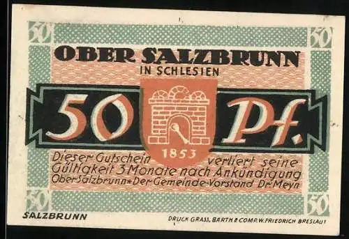 Notgeld Bad Salzbrunn i. Schl. 1921, 50 Pfennig, Frau an der Quelle