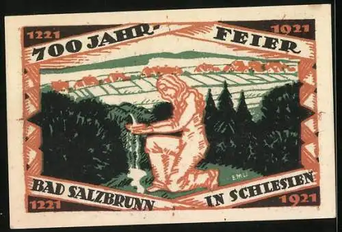 Notgeld Bad Salzbrunn i. Schl. 1921, 50 Pfennig, Frau an der Quelle