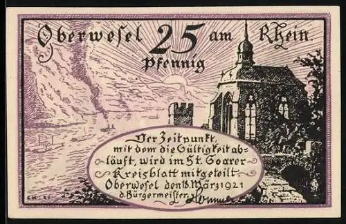 Notgeld Oberwesel am Rhein 1921, 25 Pfennig, Ortsansicht mit der Ruine