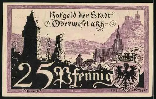 Notgeld Oberwesel am Rhein 1921, 25 Pfennig, Ortsansicht mit der Ruine