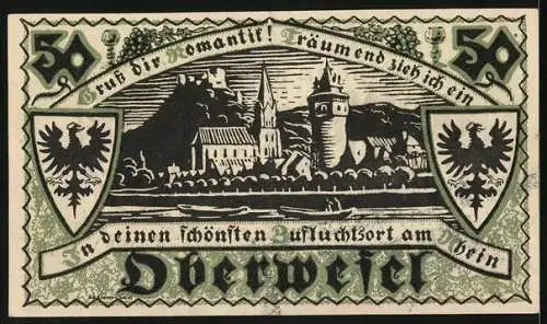 Notgeld Oberwesel am Rhein 1921, 50 Pfennig, Ortsansicht mit der Kirche