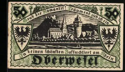Notgeld Oberwesel am Rhein 1921, 50 Pfennig, Ortsansicht am Fluss